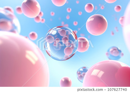 Futuristic composition of suspended glass pink and blue Christmas balls Futuristic composition of suspended glass pink and blue Christmas balls 107627740