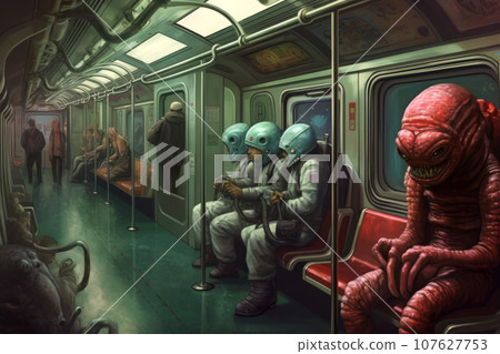 Astronauts in space suits, men and women in casual clothes and fantastic creatures ride in one subway car. Monsters and people are waiting for their station. Generated by AI. Astronauts in space suits, men and women in casual clothes and fantastic creatures ride in one subway car. Monsters and people are waiting for their station. Generated by AI. 107627753