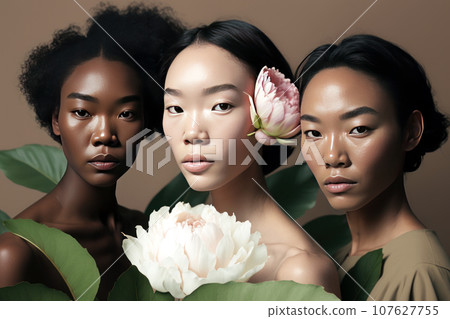 Female portrait of three attractive women of mixed races. 107627755
