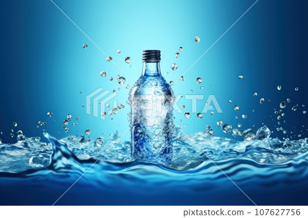A mockup of a plastic bottle of mineral water with drops on a gradient blue background. Generated by AI. A mockup of a plastic bottle of mineral water with drops on a gradient blue background. Generated by AI. 107627756