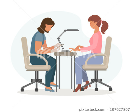 Nail salon. Woman manicurist works with a client. Business concept. Illustration, vector 107627807