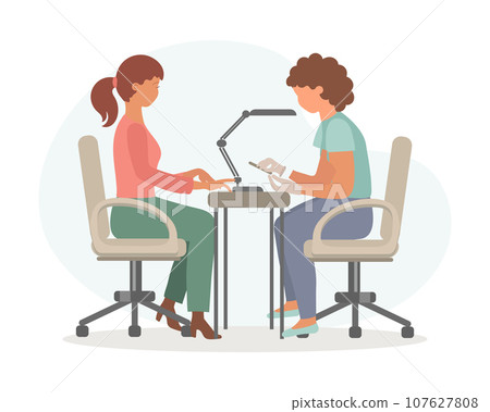 Nail salon. Woman manicurist works with a client. Business concept. Illustration, vector Nail salon. Woman manicurist works with a client. Business concept. Illustration, vector 107627808