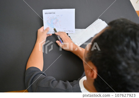 Veterinarian explaining medicine for canine mitral regurgitation, heart disease, veterinary hospital 107627923