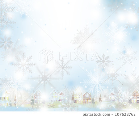 Scandinavian style with gentle colors A beautiful winter cityscape and a silver world frame illustration wallpaper material with glittering snowflakes 107628762