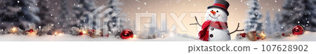 戴著紅色圍巾和帽子的雪人的水平圖像 107628902