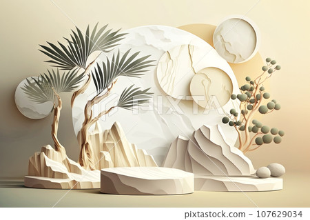 Beautiful composition with an empty stage for cosmetic products with stones and trees Beautiful composition with an empty stage for cosmetic products with stones and trees 107629034