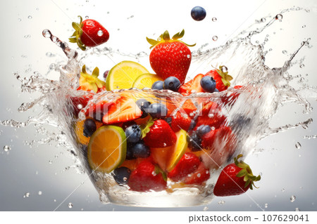 Fresh flying juicy berries and citrus fruits in drops and falling splashes 107629041