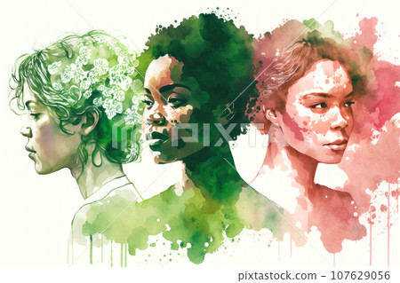 Graphic female portrait of three attractive women of mixed races 107629056