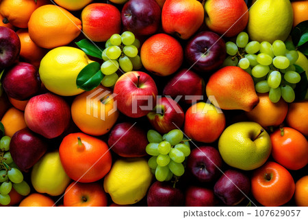 Colorful bright pattern of different fruits, citrus and berries. Apples, pears, mangoes, grapes and lemons as a beautiful juicy background. Generated by AI. Colorful bright pattern of different fruits, citrus and berries. Apples, pears, mangoes, grapes and lemons as a beautiful juicy background. Generated by AI. 107629057