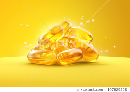 background with different types of bubbles. Sample bottle for advertising omega 3. 107629228