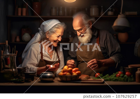 Elderly family loved couple in aprons cook together in home kitchen. Old woman in headscarf and blouse smiles at her grayhaired husband. Generated AI. 107629257