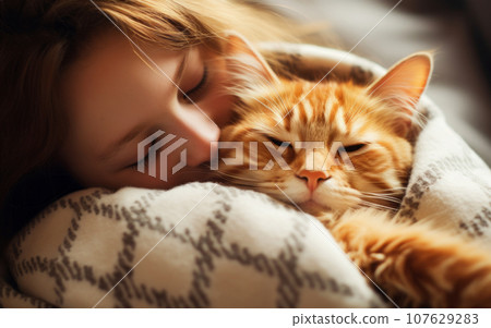 Cute ginger cat sleeping on the bed with young woman, closeup 107629283