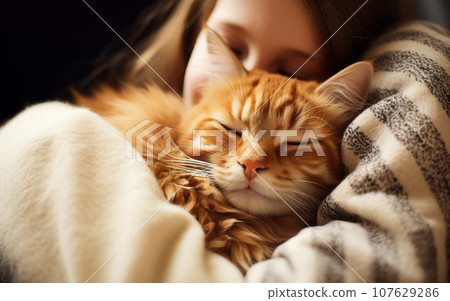 Cute ginger cat sleeping on the bed with young woman, closeup 107629286