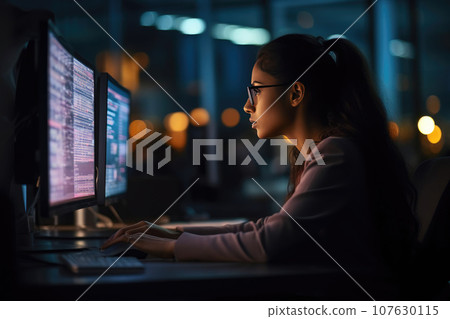 Dedicated Programmer: Female Professional at Night 107630115