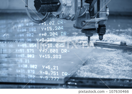 Abstract scene the multi-axis abrasive waterjet cutting machine and G-code data background. Abstract scene the multi-axis abrasive waterjet cutting machine and G-code data background. 107630466