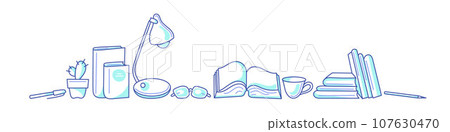 Library and books. Art line sketch. Desk border Library and books. Art line sketch. Desk border 107630470