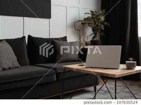 Blank screen of laptop computer on a table in the living room near the sofa. Layout. Ai generate Blank screen of laptop computer on a table in the living room near the sofa. Layout. Ai generate 107630524
