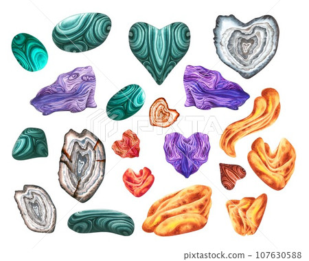 Watercolor heart shaped purple charoite, green malachite, grey agate, orange amber for horoscope, sacred health, alchemy, magic, Halloween Watercolor heart shaped purple charoite, green malachite, grey agate, orange amber for horoscope, sacred health, alchemy, magic, Halloween 107630588
