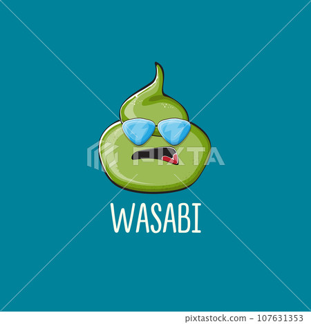 cartoon wasabi smiling character isolated on blue background. green wasabi paste 107631353