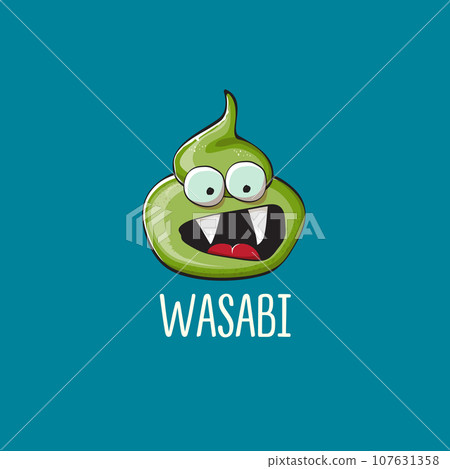 cartoon wasabi smiling character isolated on blue background. green wasabi paste 107631358