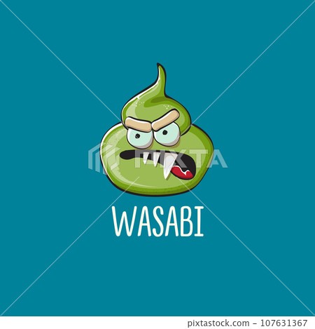 cartoon wasabi smiling character isolated on blue background. green wasabi paste 107631367