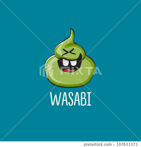 cartoon wasabi smiling character isolated on blue background. green wasabi paste 107631371