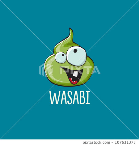 cartoon wasabi smiling character isolated on blue background. green wasabi paste 107631375