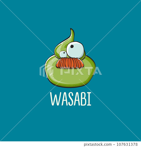 cartoon wasabi smiling character isolated on blue background. green wasabi paste 107631378