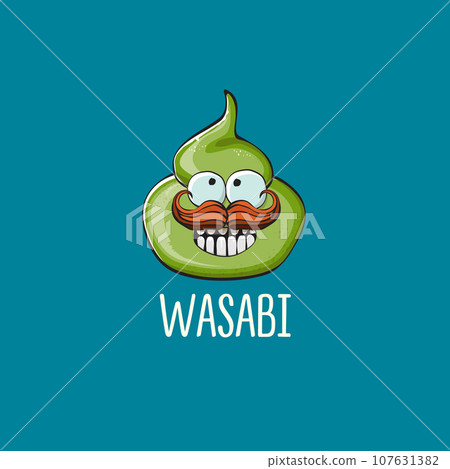 cartoon wasabi smiling character isolated on blue background. green wasabi paste 107631382