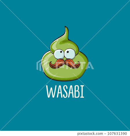 cartoon wasabi smiling character isolated on blue background. green wasabi paste 107631390