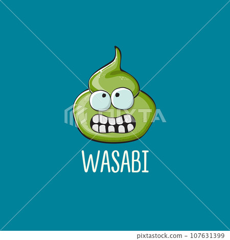 cartoon wasabi smiling character isolated on blue background. green wasabi paste 107631399