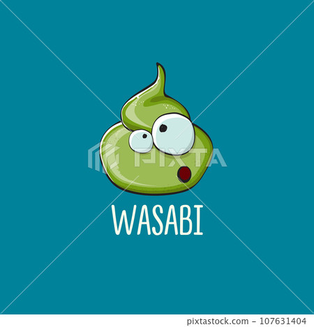 cartoon wasabi smiling character isolated on blue background. green wasabi paste 107631404