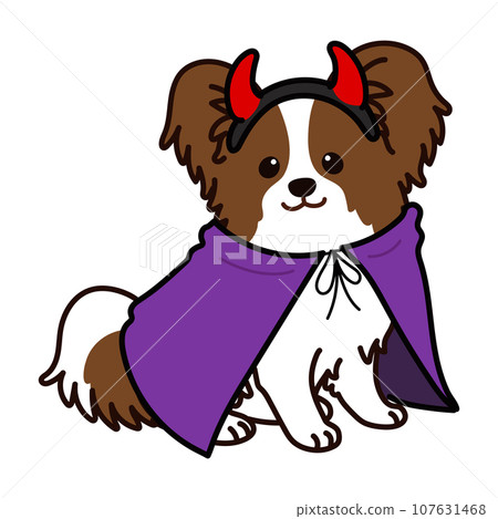 Illustration of a sitting Papillon for Halloween, with main line Illustration of a sitting Papillon for Halloween, with main line 107631468