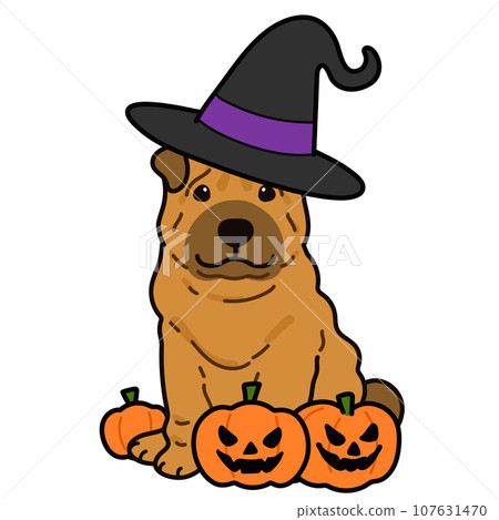 Illustration of a sitting Sharpei for Halloween, with main line 107631470