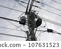 A telephone pole with complicated electrical wires 107631523