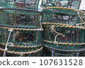 A sea port town piled with fishing nets, fishery-related tools 107631528