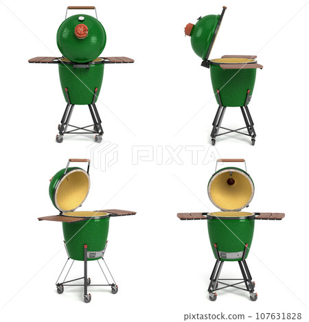 Set of Barbecue green color with lid BBQ grill for outdoor prepare meat food 3d illustration on white 107631828