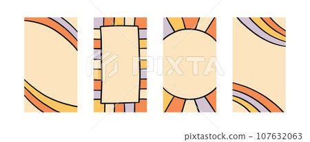 Groovy psychedelic frames in hippie style. Psychedelic retro border. Funky text box background. Pop vintage groovy rectangle frame. Vector illustration. Design element for social media story and post Groovy psychedelic frames in hippie style. Psychedelic retro border. Funky text box background. Pop vintage groovy rectangle frame. Vector illustration. Design element for social media story and post 107632063