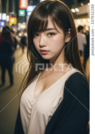 Portrait of a young woman in the downtown area at night (AI generated image) 107632288