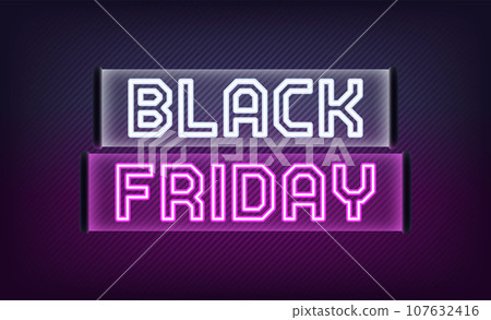 Neon Black Friday banner design. Outline white purple neon text Black Friday on translucent signboard. Text title template for animation, digital ad and social media banners. Vector illustration 107632416