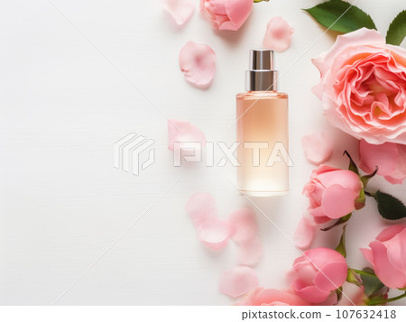 Transparent women perfume spray bottle mock up with blooming pink roses and petals flat lay on white background with copy space. Generative AI Transparent women perfume spray bottle mock up with blooming pink roses and petals flat lay on white background with copy space. Generative AI 107632418