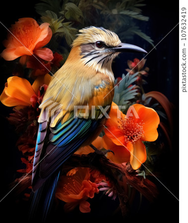 Single beautiful tropical rainbow bird with bright multicolored flowers on black background. Generative AI Single beautiful tropical rainbow bird with bright multicolored flowers on black background. Generative AI 107632419