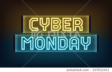 Neon Cyber Monday banner design. Outline yellow blue neon text Cyber Monday on translucent signboard. Text title template for animation, digital ad and social media banners. Vector illustration 107632421