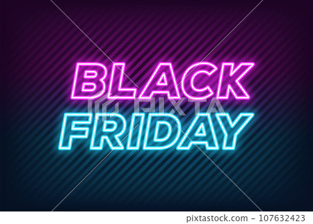 Neon Black Friday Sale, banner design. Outline neon italic text Black Friday on textured background. Purple blue text template for animation, digital ad, social media banners. Vector illustration Neon Black Friday Sale, banner design. Outline neon italic text Black Friday on textured background. Purple blue text template for animation, digital ad, social media banners. Vector illustration 107632423