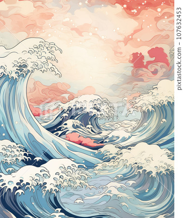 Abstract drawn illustration with storm raging in the sea and high waves. Generative AI 107632453