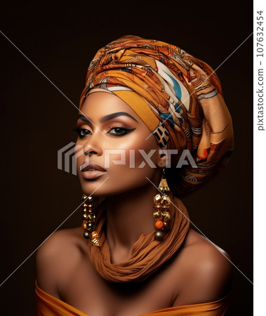 Close up portrait elegant, african woman in traditional clothes, jewelry and headdress turban made of scarf on black background. Generative AI Close up portrait elegant, african woman in traditional clothes, jewelry and headdress turban made of scarf on black background. Generative AI 107632454