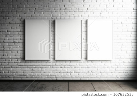 Template for design of art works. Three white frames on a brick wall in an empty room. AI generated Template for design of art works. Three white frames on a brick wall in an empty room. AI generated 107632533