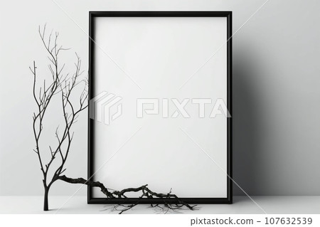 Dry branches of tree roots frame an empty frame. Mockup. AI generated. 107632539