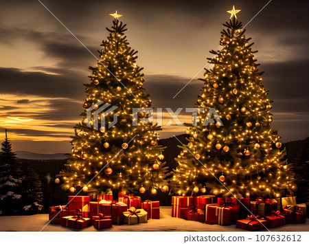 Cozy Christmas tree sunset sepia cinematic. Cozy Christmas tree sunset sepia cinematic. 107632612