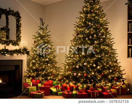 Christmas tree long shot artificial light Pantone 107632716